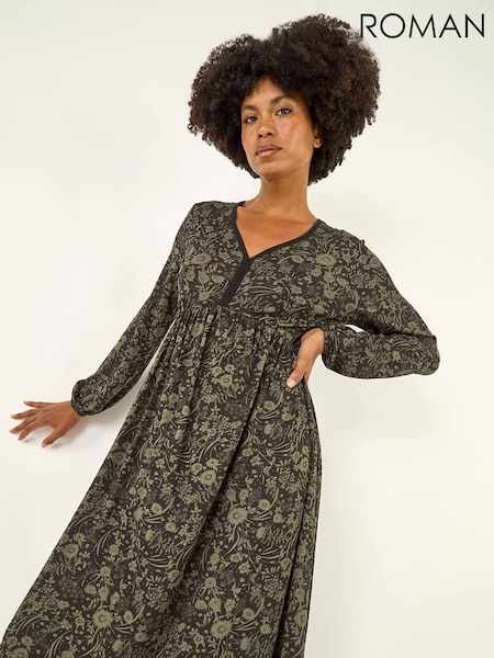 Roman Green Floral Print V-Neck Stretch Midi Dress (V27110) | £50