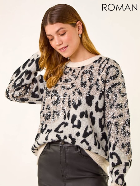 Roman White Sequin Animal Print Knit Jumper (V27116) | £48