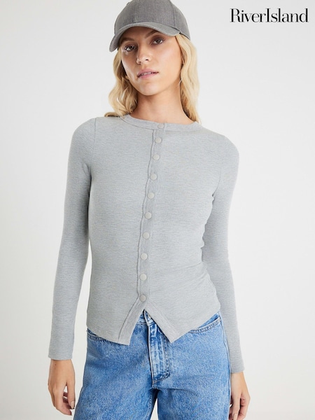 River Island Grey Popper Detail Rib Top (V27198) | £25