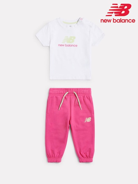 New Balance White NB Stacked Logo T-Shirt and FT Joggers Set (V27560) | £35
