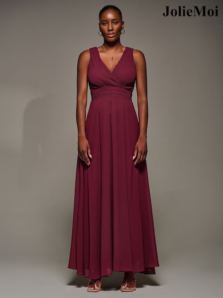 Jolie Moi Red Chiffon Pleated Maxi Dress (V27609) | £65