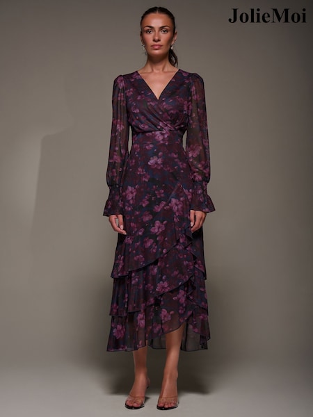 Jolie Moi Blue Long Sleeve Ruffle Hem Mesh Maxi Dress (V27610) | £85