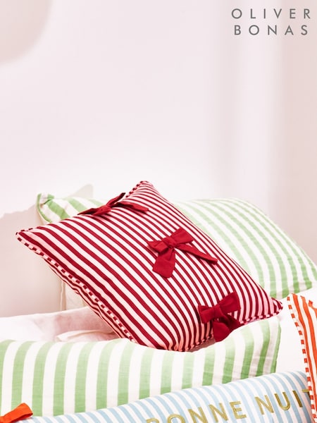 Oliver Bonas Pink Burgundy Stripe Cotton Bow Cushion Cover 45x45cm (V27615) | £30