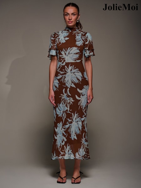Jolie Moi Brown High Neck Angel Sleeve Chiffon Maxi Dress (V27674) | £75