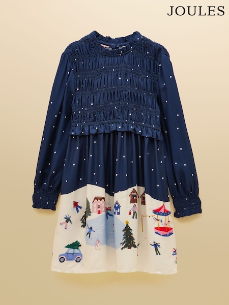 Navy Blue - Joules Girls' Ellington Long Sleeve Shirred Dress