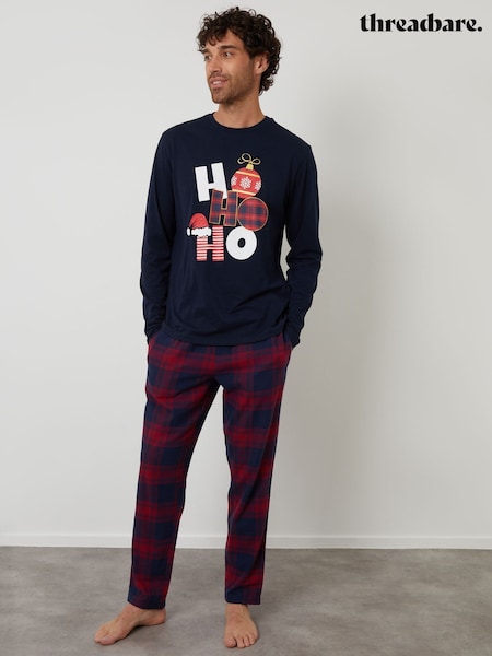 Threadbare Blue Long Check Christmas Pyjamas Set (V28024) | £24