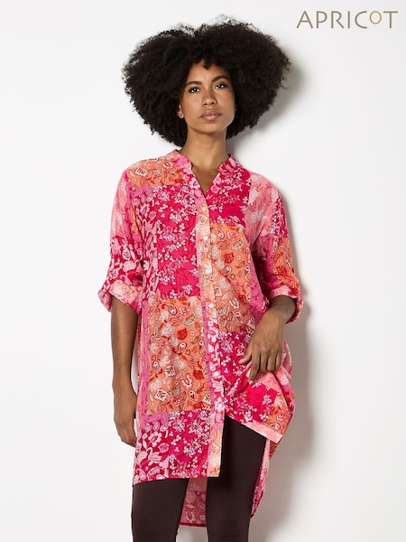 Apricot Pink Folk Patchwork High Low Tunic Top (V28189) | £39