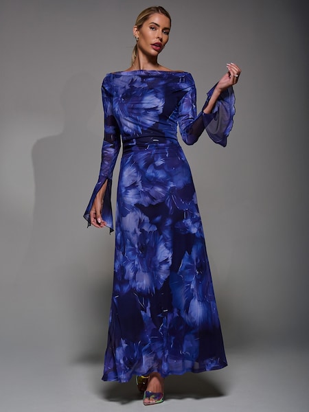 Jolie Moi Blue Long Sleeve Slash Neck Maxi Dress (V28221) | £75