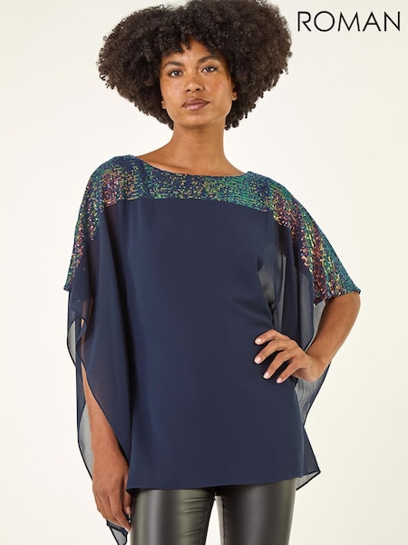 Roman Blue Sequin Yoke Contrast Chiffon Tunic Top (V28222) | £48