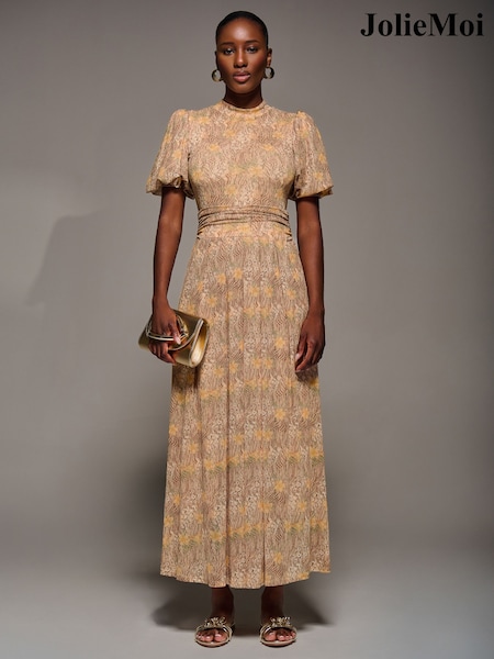 Jolie Moi Natural Puffy Sleeve Printed Mesh Maxi Dress (V28228) | £85