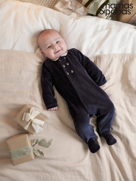Mamas & Papas Blue Velour Sleepsuit (V28327) | £23