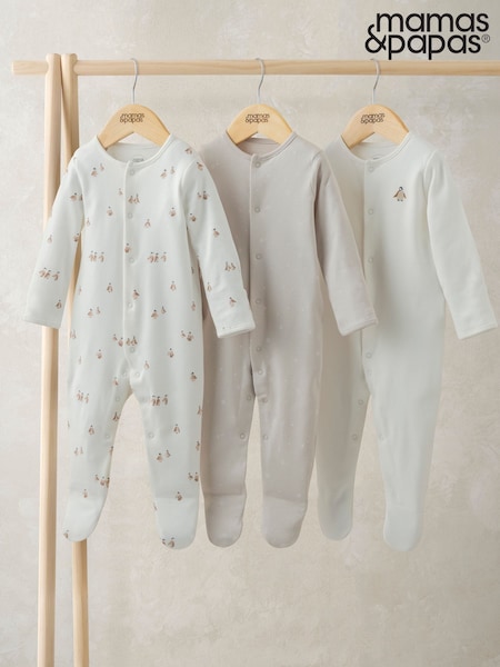 Mamas & Papas Cream Penguin Sleepsuits Pack of 3 (V28354) | £24