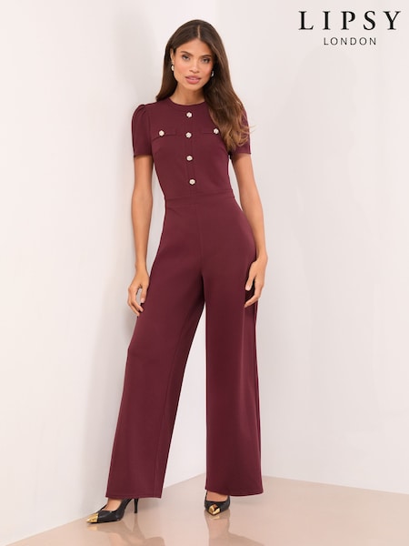 Lipsy Burgundy Red Petite Military Buttoned Jumpsuit (V28506) | £62