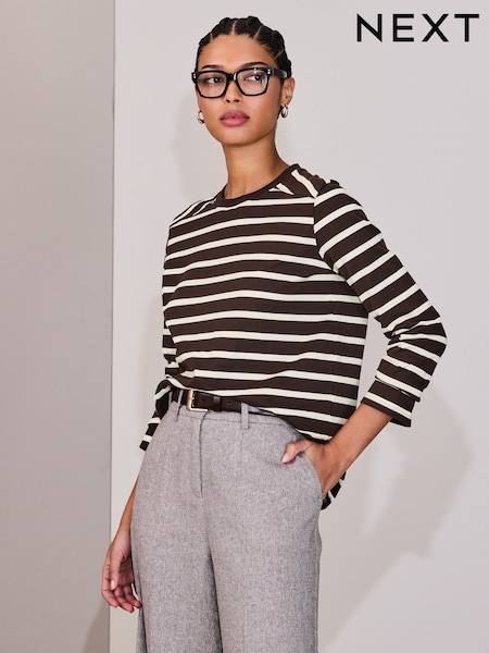 Chocolate Brown/Cream Stripe Long Sleeve Heavyweight Crew Neck T-Shirt (V28517) | £22
