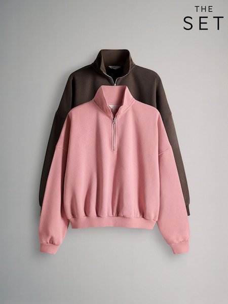 The Set 2 Pack Half Zip Ribbed Funnel Neck Sweatshirts Pink/Chocolate Brown (V28571) | £31