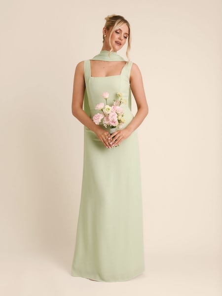 Six Stories Green Square Neck Crepe Bridesmaid Dress with Neck Scarf (V29131) | £90
