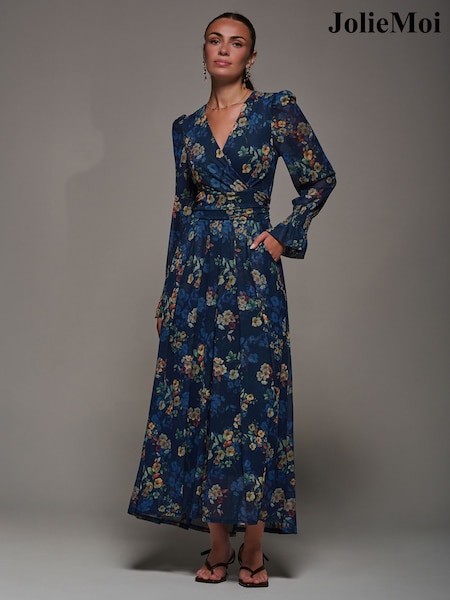 Jolie Moi Blue Long Sleeve Mesh Maxi Dress (V29299) | £95