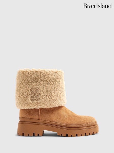 River Island Brown Embroidered Borg Cuff Boots (V29449) | £49