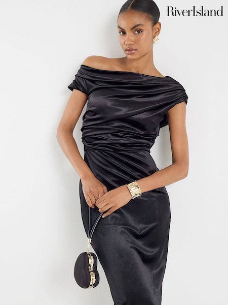 River Island Black Sleeveless Velvet Drape Midi Dress (V29456) | £56