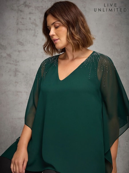 Live Unlimited Green Chiffon Hotfix V Neck Overlay Top (V29663) | £75