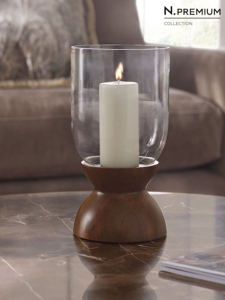 N. Premium Glass With Wood Base Hurricane Candle Holder