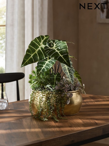 Light Up Artificial Plants In Gold Metal Bowl