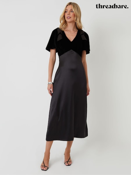 Threadbare Black Velvet Satin Mix Flutter Sleeve Midi Dress (V29743) | £38