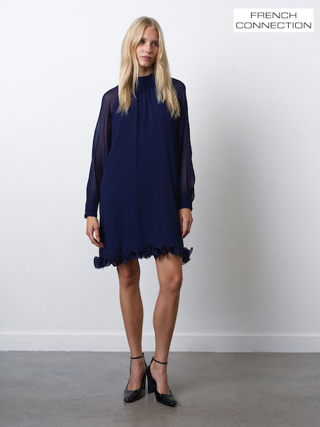 French Connection Blue Emina Chiffon Ruffle Trim Dress (V29748) | £89