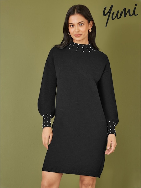 Yumi Black Pearl Detail Knitted Relaxed Jumper Dress (V29827) | £55