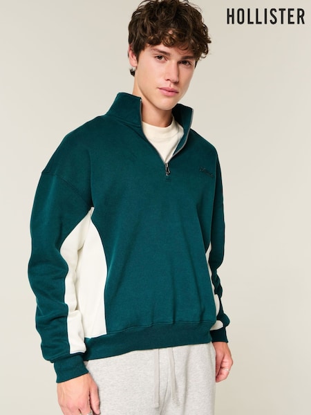 Hollister Green Boxy Quarter Zip Logo Sweatshirt (V29848) | £30