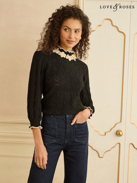 Love & Roses Black 3D Flower Trim Pointelle Jumper (V30001) | £39