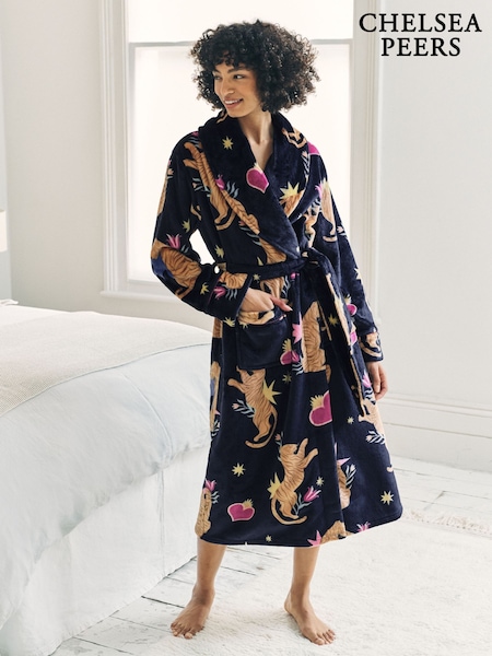Chelsea Peers Blue Fleece Enchanted Tiger Print Dressing Gown (V30014) | £60