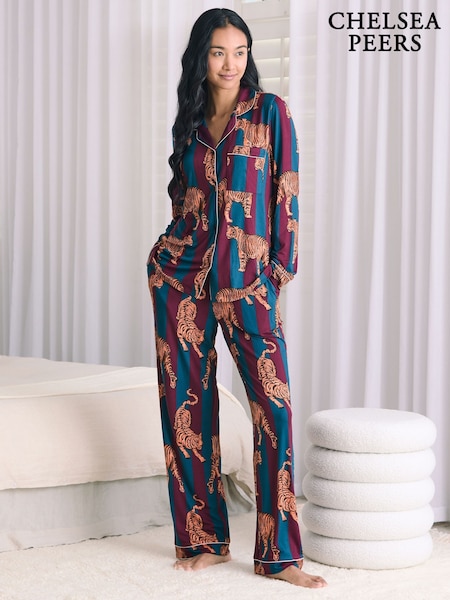 Chelsea Peers Red Tiger Stripe Print Long Pyjamas Set (V30037) | £45