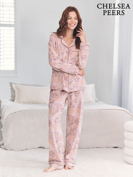 Chelsea Peers Pink Cotton Breakfast Print Long Pyjamas Set (V30038) | £55