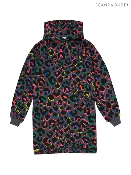 SCAMP & DUDE Grey Kids Hoodie Dress Grey with Rainbow Shadow Leopard & Lightning Bolt (V30084) | £38 - £40