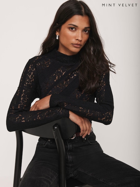Mint Velvet Black Lace High Neck Top (V30173) | £69