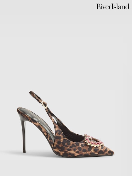River Island Brown Print Heart Shoes Slingback High Heels (V30183) | £46