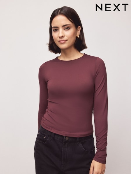 Burgundy Red Soft Touch Slinky Nylon Crew Neck Long Sleeve Top (V30318) | £22
