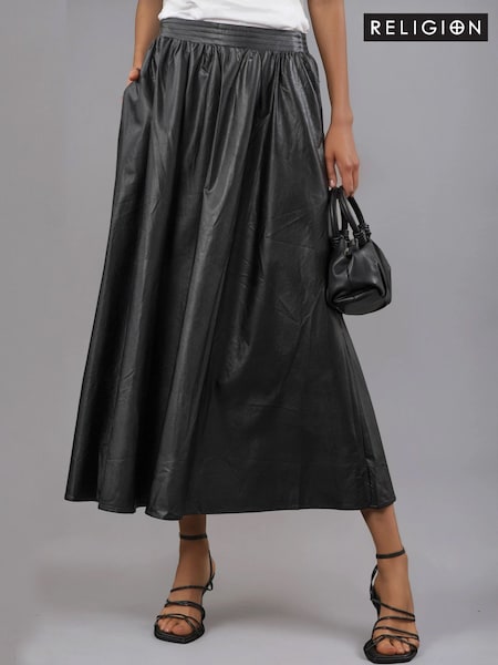 Religion Black Sophie Full Maxi Skirt In Faux Leather With Pockets (V30340) | £88