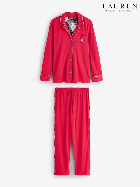 Lauren Ralph Lauren Red Cotton Knit L/S Notch Collar Pajamas Set (V30461) | £99 - £119