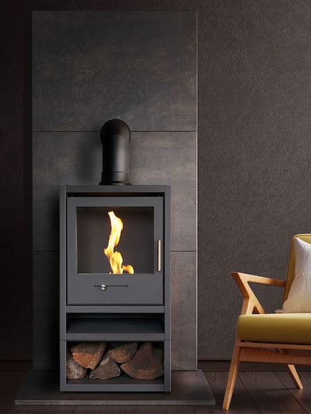 OKO Charcoal Grey S1 Bio Ethanol Stove with Log Storage  Angled Sto Pipe (V30597) | £530