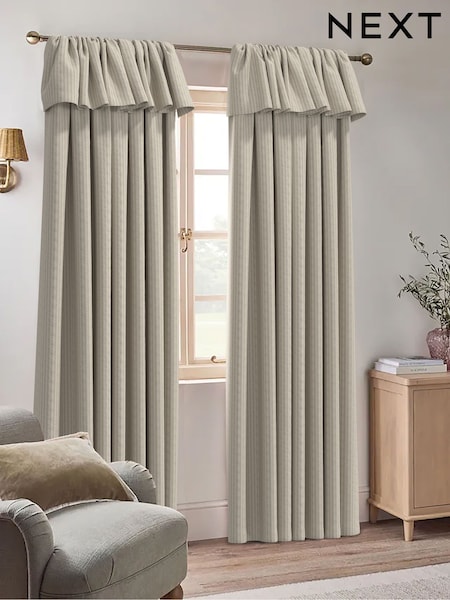 Natural Brushed Stripe Ruffle Top Fold Over Lined Curtains (V30608) | £55 - £130