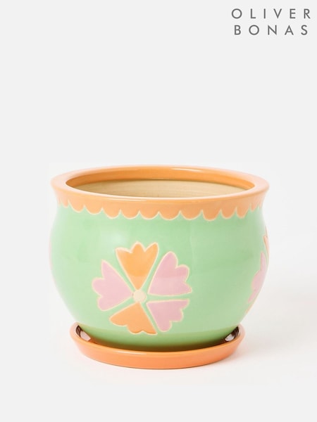 Oliver Bonas Orange Large Flor Ceramic Plant Pot & Dish (V30640) | £40