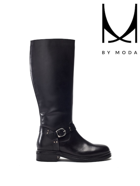 Moda in Pelle Black Rainia Long Leather Boots With Ankle Harness Trim (V30669) | £89
