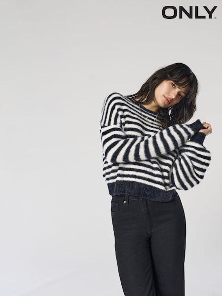 ONLY Black Stripe Fluffy Round Neck Jumper (V30751) | £26