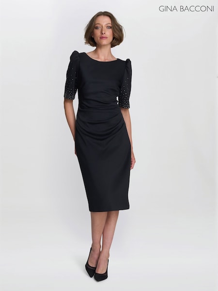 Gina Bacconi Louisa Black Dress With Beaded Sleeve (V30822) | £250