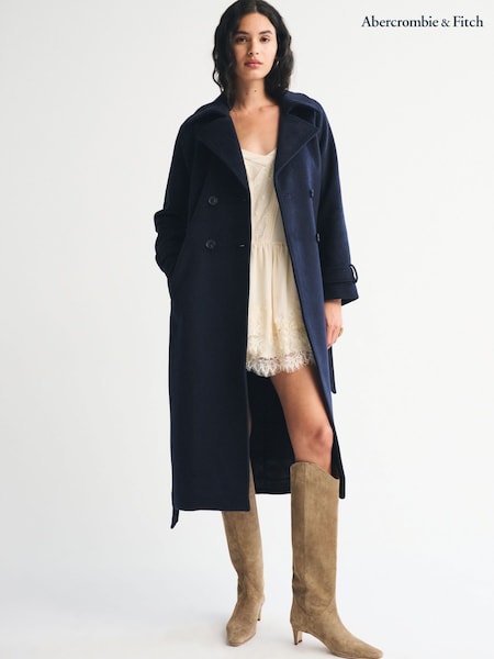Abercrombie & Fitch Blue Wool Long Trench Coat (V30935) | £180