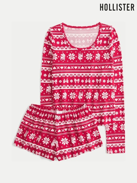 Hollister Red Christmas Fairisle Cozy Long Sleeve Pyjama Set (V31142) | £30