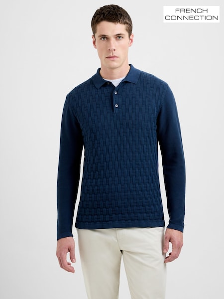 French Connection Blue Cotton Long Sleeve Box Knit Button Collar Polo Shirt (V31157) | £59
