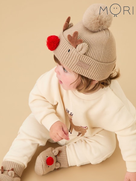 MORI Cream Reindeer My First Christmas Hat and Booties Set (V31331) | £32
